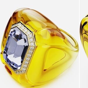 Swarovski Yellow Resin Ring with Blue Center Crystal and Clear Pavé